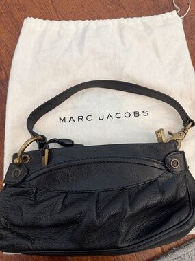 Marc Jacobs Black Leather Mini Wristlet with Brass Hardware